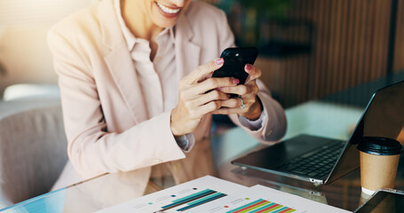 Office, hands and laptop with smartphone for search, investment information and accountant for...