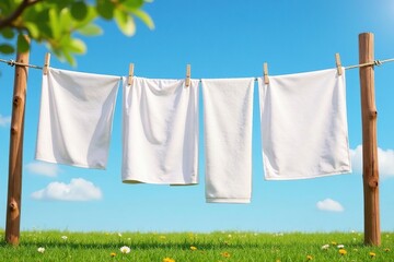 Crisp white sheets and towels drying on a wooden clothesline under a clear blue sky , bright, home