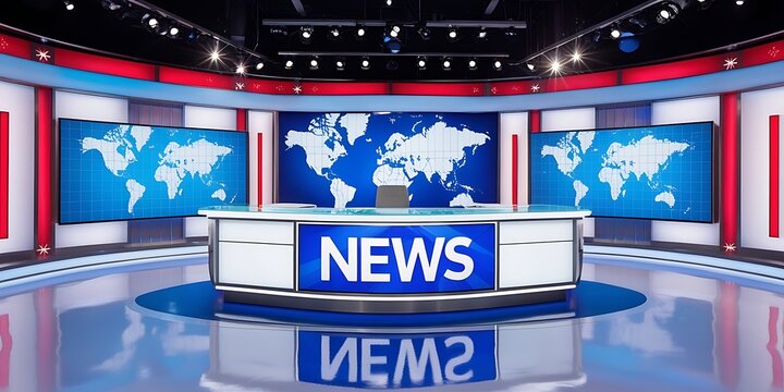 Modern television news studio interior with world map screens, professional lighting, and a central news desk, representing global journalism and breaking news coverage concept

