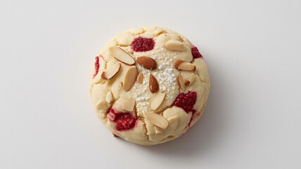 A white chocolate soft cookie with almond and berry cuts isolated on a white background flat lay or 