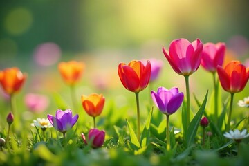 Vibrant spring flowers blooming in a lush meadow , close-up, life, garden