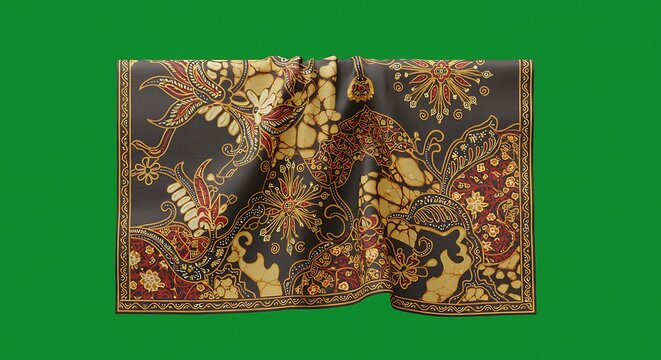 cartoon Javanese woman wearing traditional kemben with batik pattern, mannequin, ceremonial, dance and animation centered on isolated green screen background
