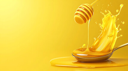 Honey dipper pouring honey onto a spoon with a splash against a yellow background, creating a sweet and golden visual