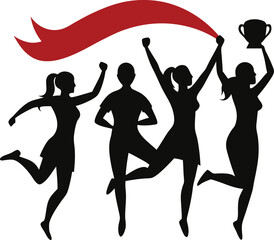 Silhouette of Winning Team Celebrating Victory with Trophy and Banner