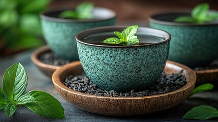 Viridian tea leaves steep in hot water, releasing their fragrant aroma and creating a soothing beverage enjoyed in moments of relaxation and contemplation