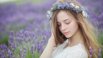 Fototapeta premium Delicate Woman with a Floral Crown Standing in a Lavender Field Surrounded by Blooming Flowers