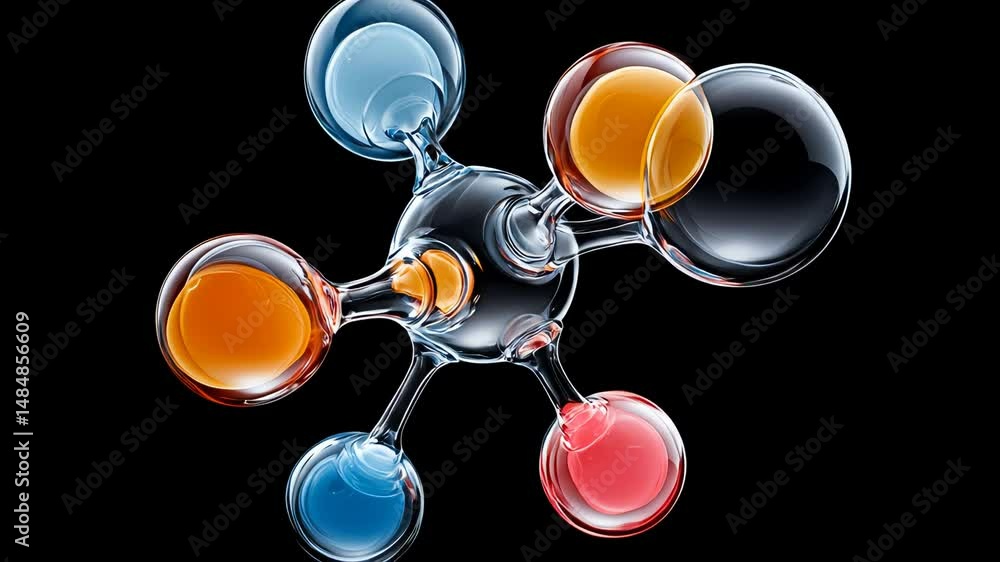 Poster rotating colorful molecular structure 3d render