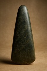 Large polished Neolithic axe stands upright under warm light. AI-generated