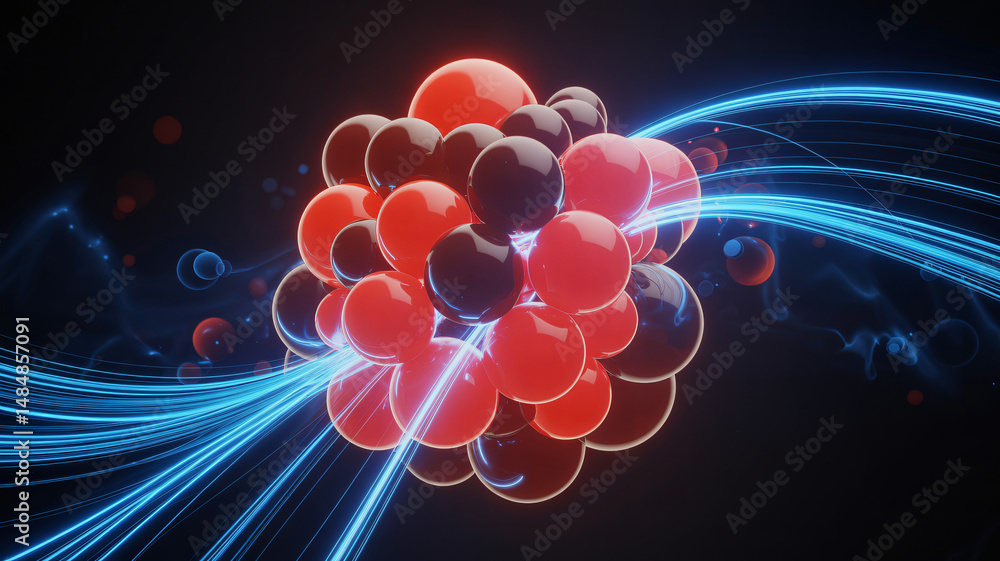 Poster abstract composition of red spheres and wavy lines on a background representing connectivity and ene