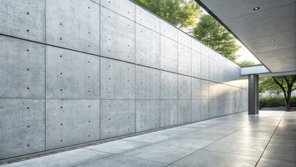 Sophisticated, minimalist concrete wall design with illuminated textures in an outdoor setting, showcasing modern architectural elements and serene green surroundings