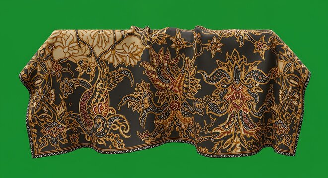 cartoon Javanese woman wearing traditional kemben with batik pattern, mannequin, ceremonial, dance and animation centered on isolated green screen background
