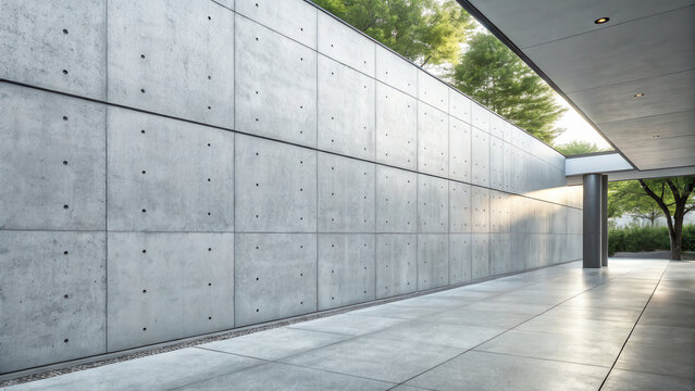 Sophisticated, minimalist concrete wall design with illuminated textures in an outdoor setting, showcasing modern architectural elements and serene green surroundings