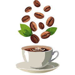 Obraz premium cup of coffee with flying beans vector drink graphic design