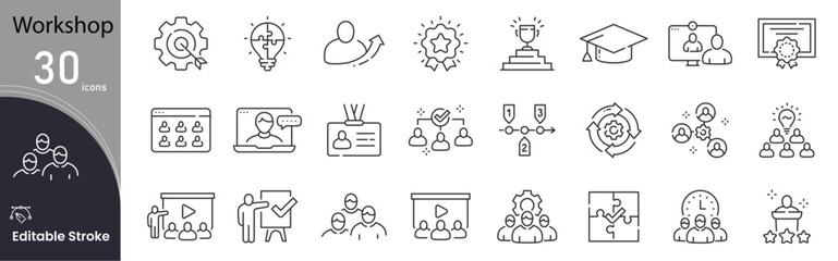 Workshop related icon collections. Containing Workshop, Training, Education, Seminar, Presentation, Skill, Learning, Collaboration, Instructor, and Participation icons. Editable Stroke. outline icon.