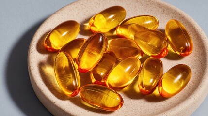 Fish oil softgels supplement health Supplements on a ceramic plate with a neutral background.