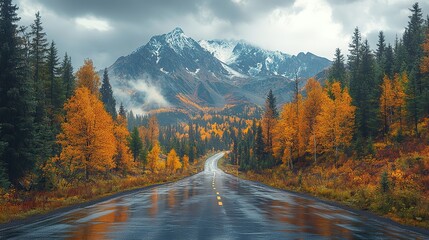 Winding mountain road disappearing into the distance, surrounded by towering trees and scenic vistas, an invitation to explore the unknown