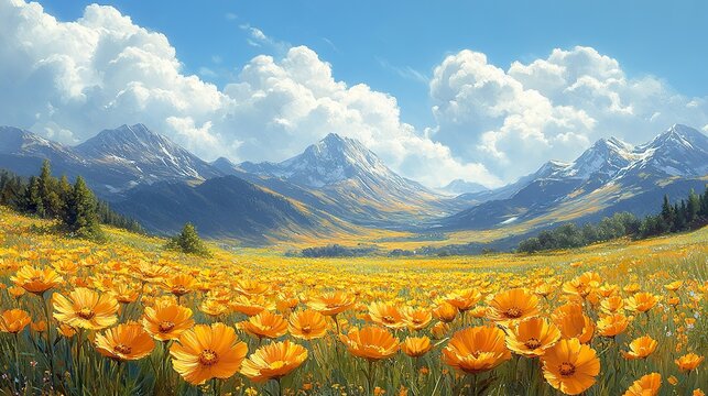 Yellow wildflowers bloom in abundance across a sunny meadow, attracting bees and butterflies with their vibrant colors