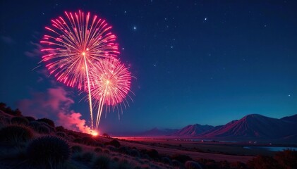 Vibrant fireworks explode in the night sky, illuminating the dark landscape , silver, party