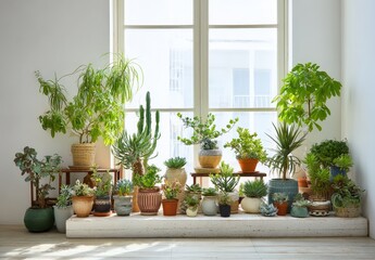 Fototapeta premium Sunlit indoor garden with vibrant potted plants.