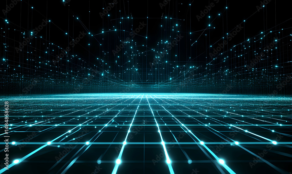 Poster abstract digital landscape, glowing grid network, futuristic technology background, perfect for tech