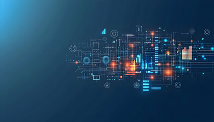 Obraz premium Abstract digital technology background with glowing lines, nodes, and data visualizations. Ideal for tech, innovation, and data-driven concepts.
