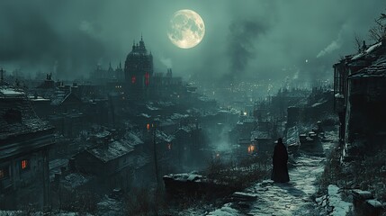 Zinc rooftops gleam under the pale light of a full moon, casting long, eerie shadows across a silent, urban landscape