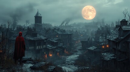 Zinc rooftops gleam under the pale light of a full moon, casting long, eerie shadows across a silent, urban landscape
