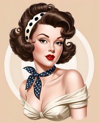 Elegant retro pin-up woman with vintage hairstyle, red lipstick, and off-shoulder dress, wearing blue polka dot scarf and pearl earrings, 1950s glamour fashion illustration

