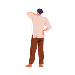 Man standing with back turned, thinking. Young male in thoughtful pensive pose, hand on hip, scratching neck, looking forward, view from behind. Flat vector illustration isolated on white background
