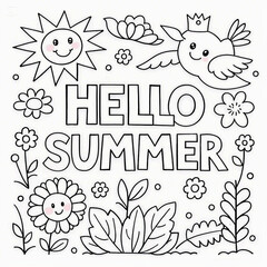 Hand-Drawn Hello Summer Scene Coloring page