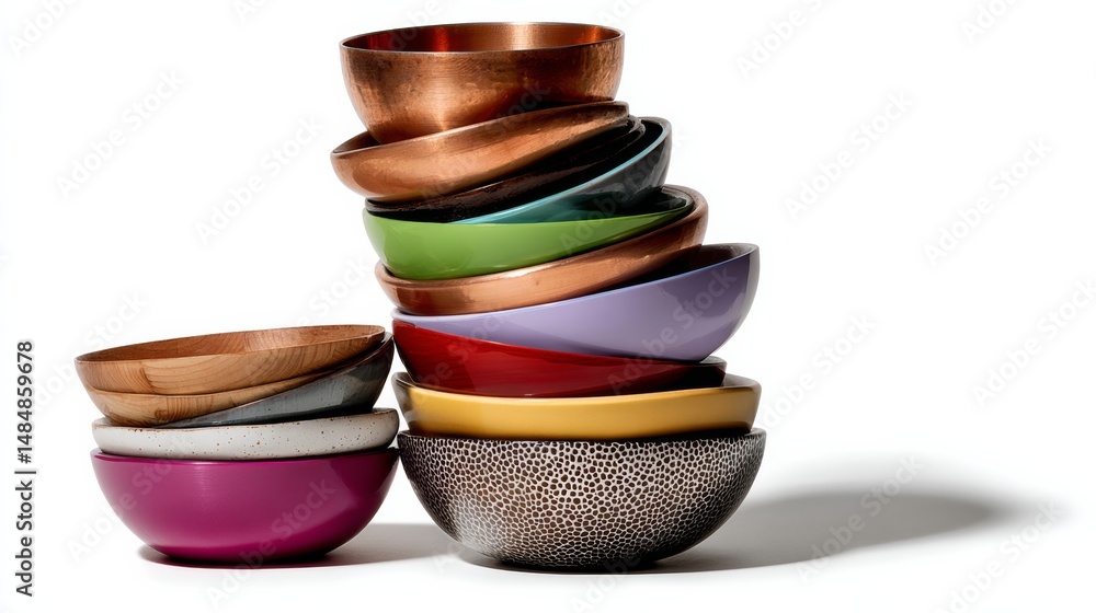 Poster stack of bowls of different colors and sizes. the bowls are piled on top of each other, creating a v