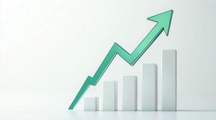 A surge in financial growth and success represented by a vibrant green arrow climbing on white bars