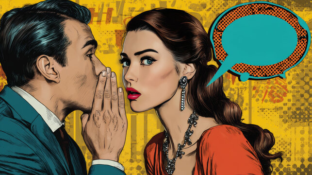 Pop art vintage comic. The man whispers to the girl. Cloud for the text. Gossip and rumors talk about love. Retro style