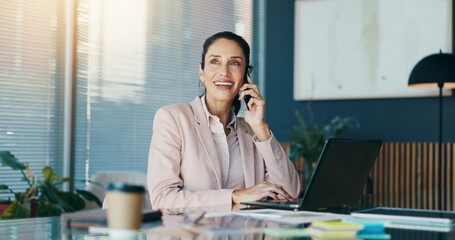 Phone call, business and happy woman in office with laptop for planning, online report and website....