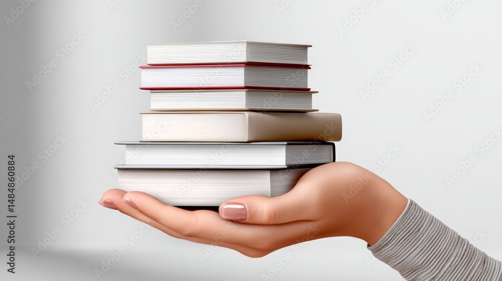 Poster hand is holding a stack of books. the books are of different sizes and colors, and they are piled on