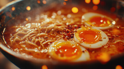 Close-up of steaming ramen with soft-boiled eggs, spices, and a warm, inviting ambiance
