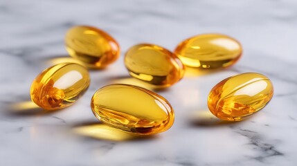Fish oil softgels supplement health Shiny yellow capsules on a marble surface.
