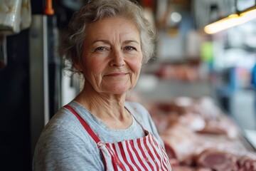 Portrait of middle-aged female butcher at work
