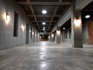 Long, Empty Warehouse Hallway with Concrete Floor and Industrial Lighting, Dramatic Perspective, Architectural Detail.