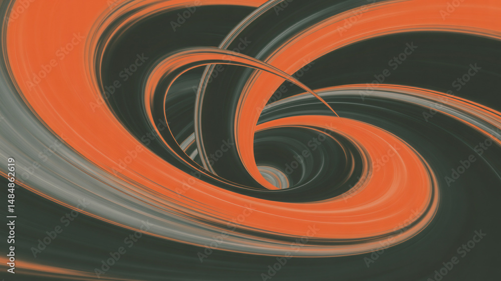 Poster abstract swirling shapes of orange and dark gray flowing lines creating a sense of movement and ener