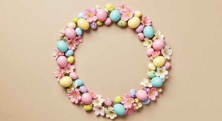Pastel easter eggs and flowers circle frame