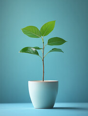 Young plant with green leaves in a blue pot on a blue background.