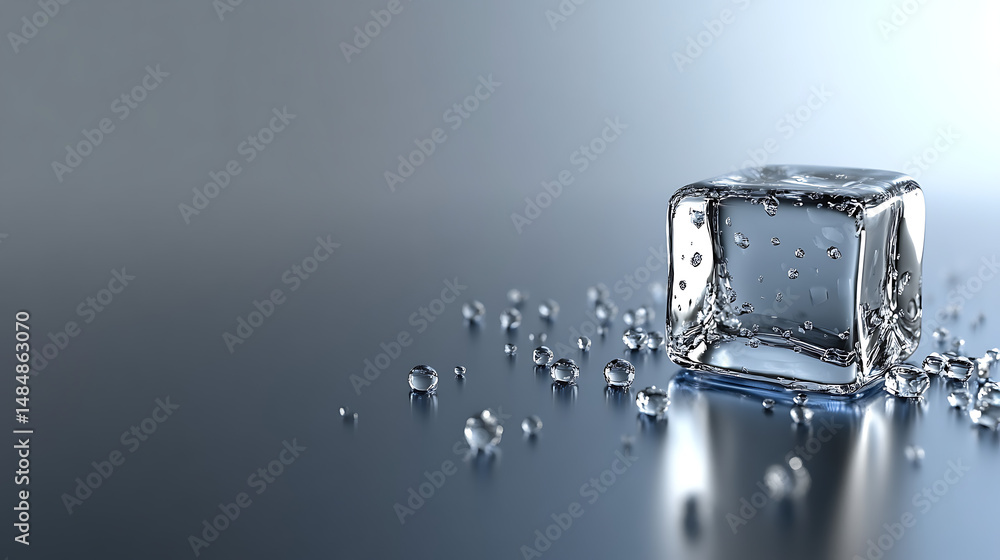 Poster single ice cube with water droplets sits on a smooth, reflective surface with a gradient blue to gra
