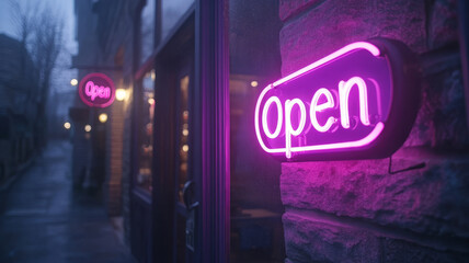 Neon 'Open' sign glowing on a storefront at night.