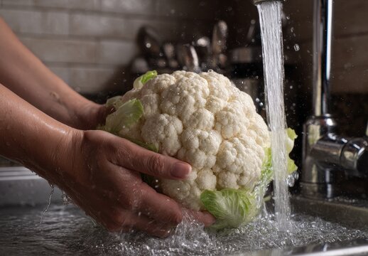Hands washing fresh cauliflower under running water.