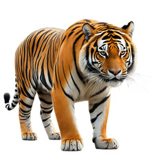 Obraz premium White background isolation of a striped Bengal tiger, a majestic wild feline predator