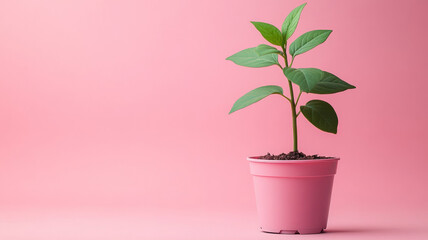 Obraz premium Small potted plant with green leaves on a pink background.