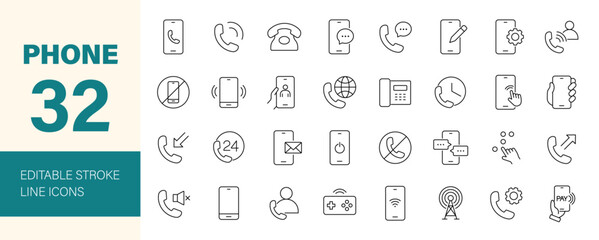 Phone icon set. Containing mobile, contact, message, communication, call, mobile pay, cellular, vibrate, game, Wi-Fi and more. Editable line icons. Vector illustration.
