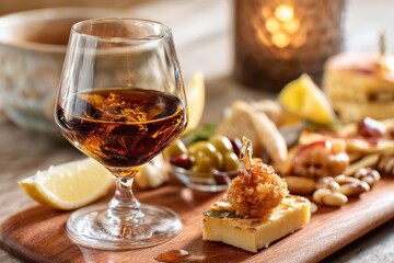 Naklejka premium Glass of brandy with gourmet appetizer plate.