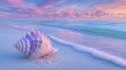 A beautiful beach scene with waves crashing on the shore, a colorful sunset in the background, and an orange seashell nestled among the pebbles.